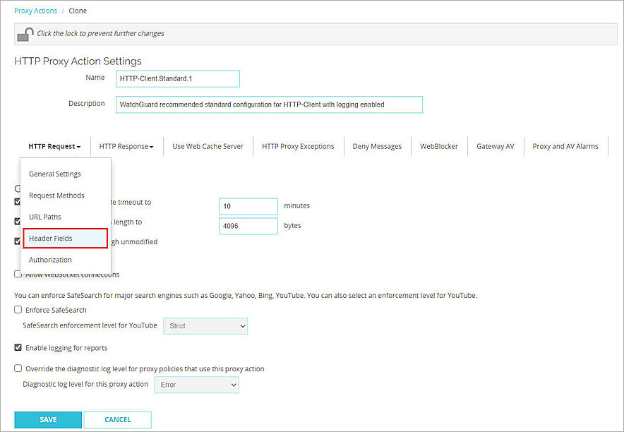 Screenshot of Firebox, add HTTP proxy header fields